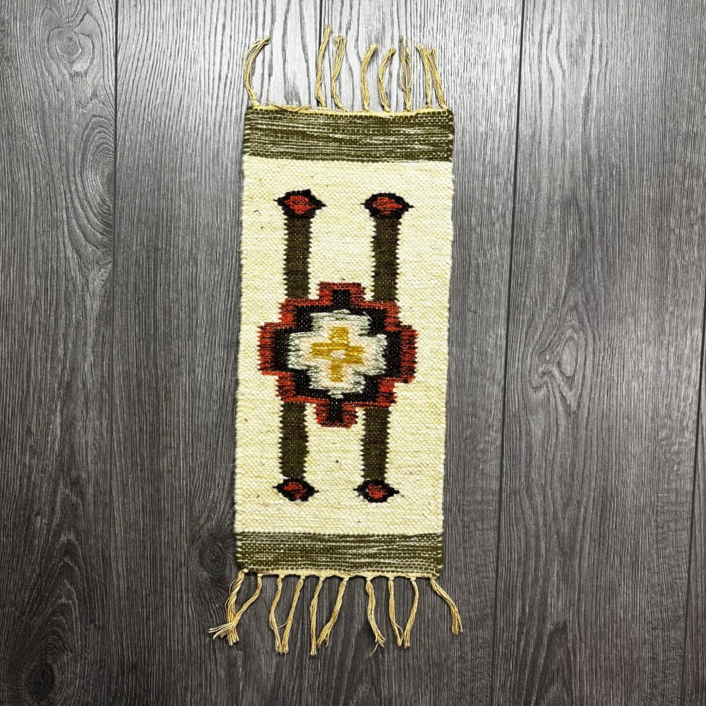 Vintage Southwest Handwoven Wool Tapestry Geometric Small Rug Wall Hang 18x7.5